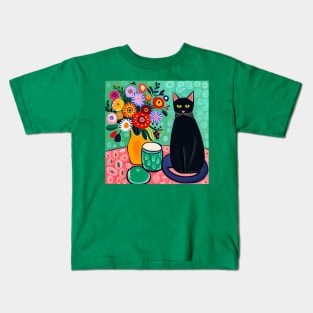 Black Cat with Still Life Flowers in a Yellow Vase Still Life Painting Kids T-Shirt